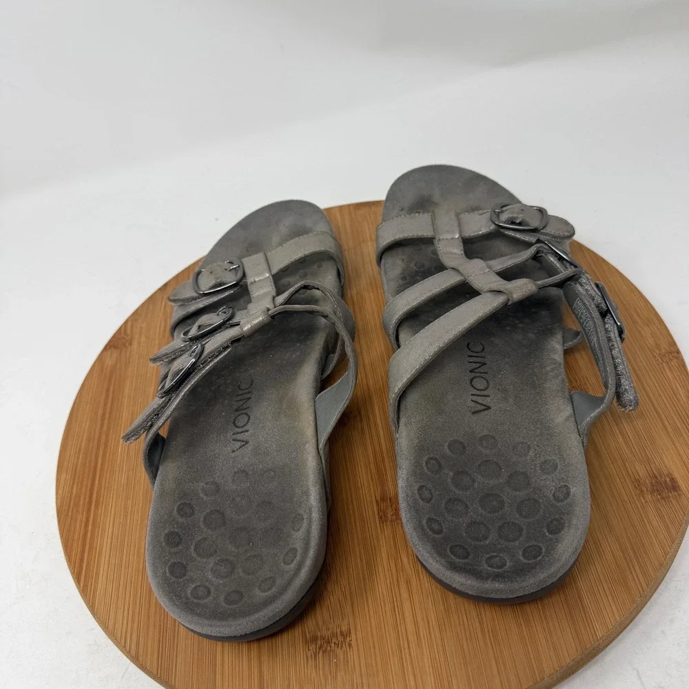 Vionic Misa Pewter Grey Metallic Leather Strappy Comfort Sandal Womens 10